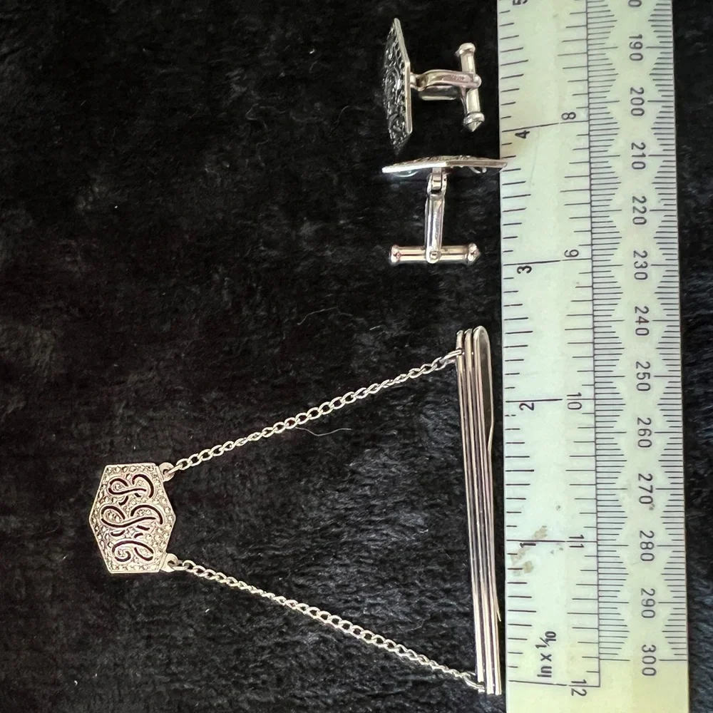 Antique Sterling Silver marcasite Tie bar cufflinks Art Decor monogram set RSG